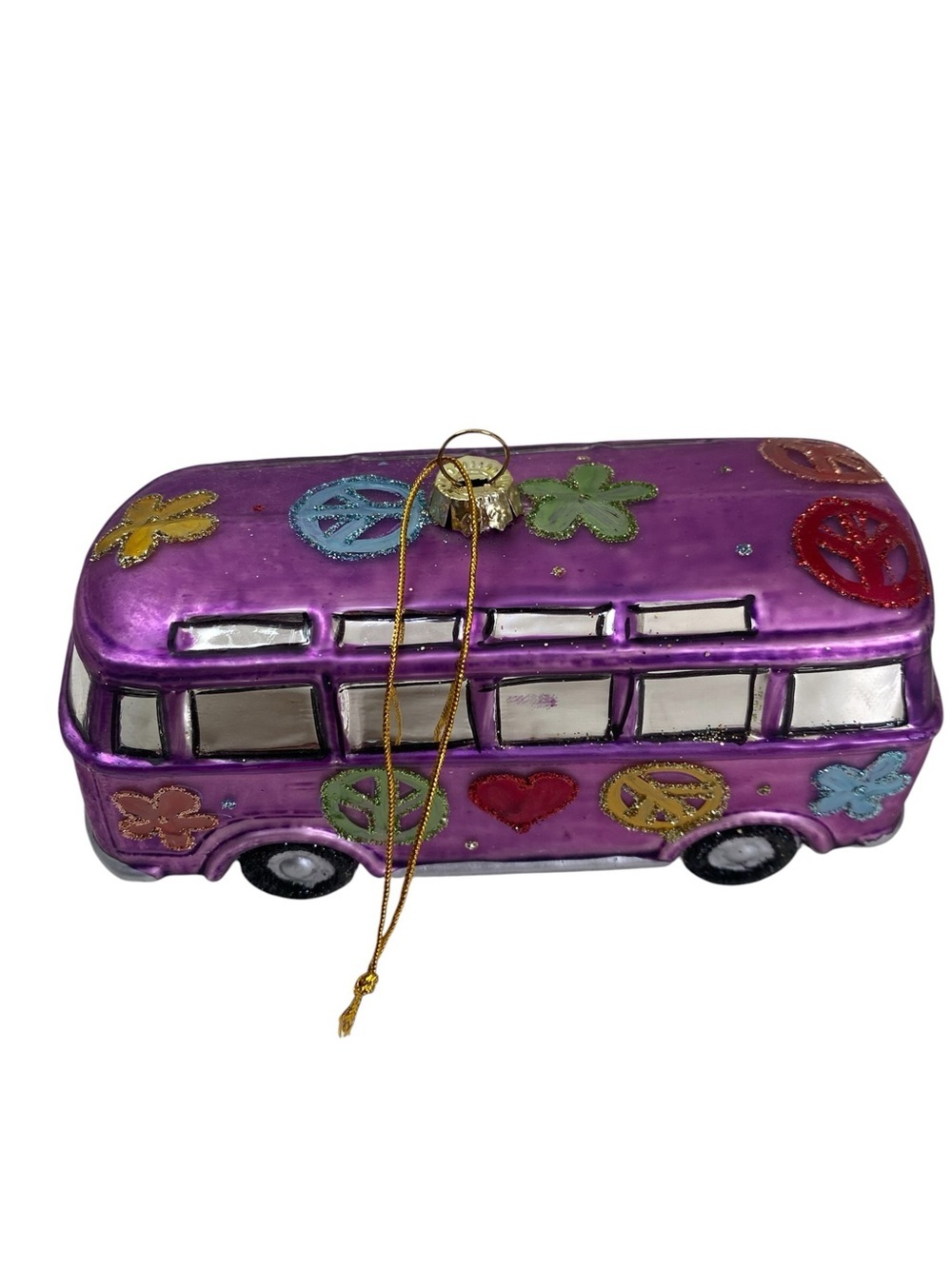 Glass Purple 1970โs Hippie Van W/Peace Signs Flowers Hearts 5โ